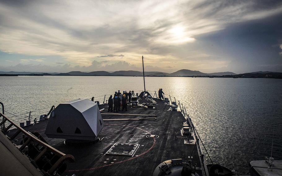 The Freedom-class littoral combat ship USS Detroit (LCS 7) pulls into Guantanamo Bay, Cuba, for fuel and provisions.