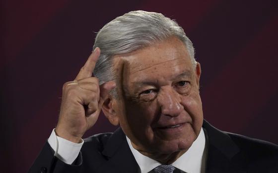Mexican President Andres Manuel Lopez Obrador gives his regularly scheduled morning press conference at the National Palace in Mexico City, Tuesday, Feb. 28, 2023. (AP Photo/Marco Ugarte)