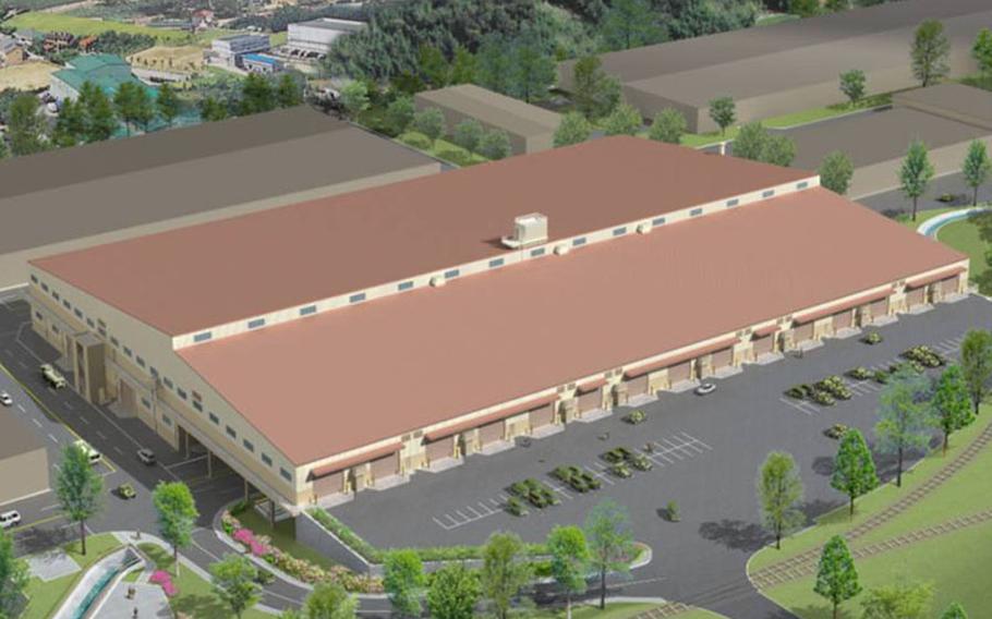 This is an artist’s rendering of the humidity-controlled warehouse now under construction at Camp Carroll in Waegwan, South Korea. Slated for completion in January 2012, the warehouse will allow the Army to bring under a single roof a set of combat vehicles stored for a heavy brigade combat team to use should there be an outbreak of war in South Korea. The warehouse is expected to help the Army keep the vehicles in good order longer, and avoid nearly $2 million a year in maintenance and related costs.