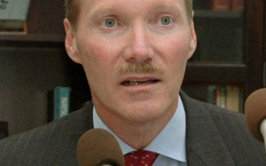 In this 2007 file photo, Kevin Maher, then U.S. Consul General speaks at the U.S. Consulate in Okinawa. Maher, supervising Japan affairs in the State Department, has been replaced for disparaging comments that angered many on the southern Japan island.