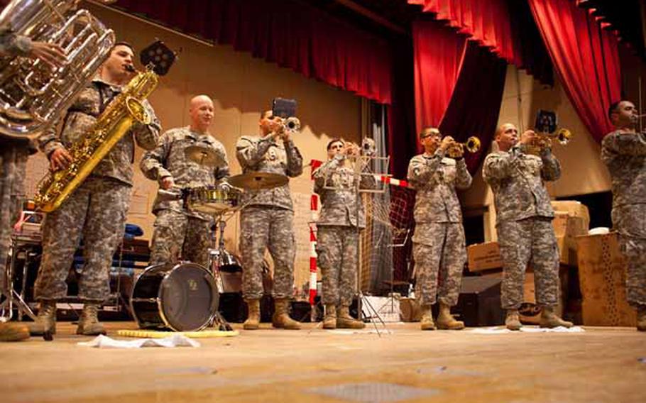 The Camp Zama Army Band plays a concert for the residents of the Rokugo Middle School shelter in Sendai City.