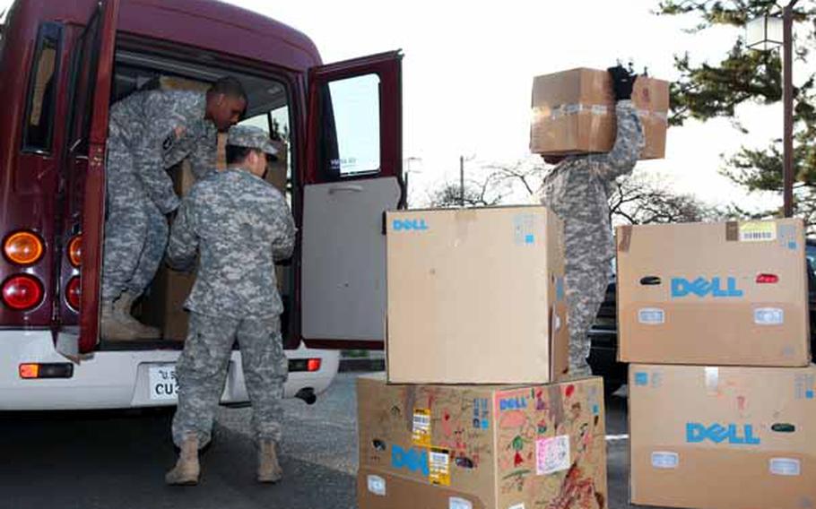 U.S. Army Japan loaded boxes of donated backpacks full of toys, clothes, blankets, and hygiene items as part of “Operation Backpacks."  The backpacks are headed to children in northeast Japan who were displaced from their homes due to the March 11 earthquake and tsunami. 
