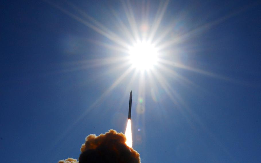 A ground-based interceptor lifts off from Vandenberg Air Force Base in 2008. The missile successfully intercepted a long-range target launched from Kodiak, Alaska.