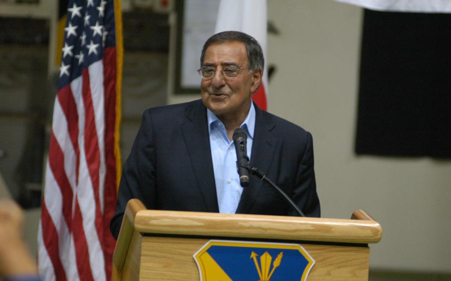 Defense Secretary Leon Panetta, on his first visit to the Asia-Pacific region since taking office, addresses servicemembers at Yokota Air Base, Japan on Oct. 24, 2011. 
