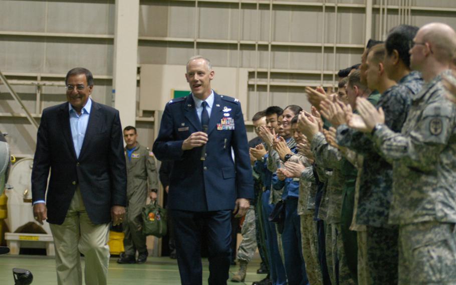 Defense Secretary Leon Panetta speaks to servicemembers at Yokota Air Base, Japan on Oct. 24, 2011. 