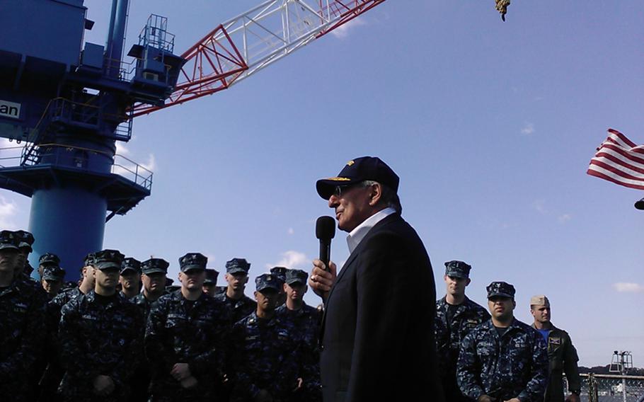 Defense Secretary Leon Panetta addresses sailors aboard the USS Blue Ridge at Yokosuka Naval Base, Japan, on Oct. 26, 2011. 