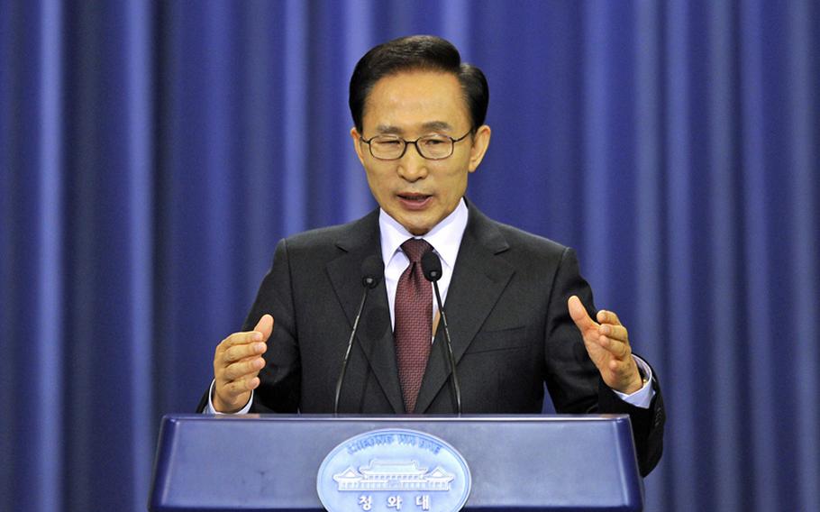 South Korean President Lee Myung-bak gives a speech Feb. 22, 2012, to mark his four-year anniversary in office.