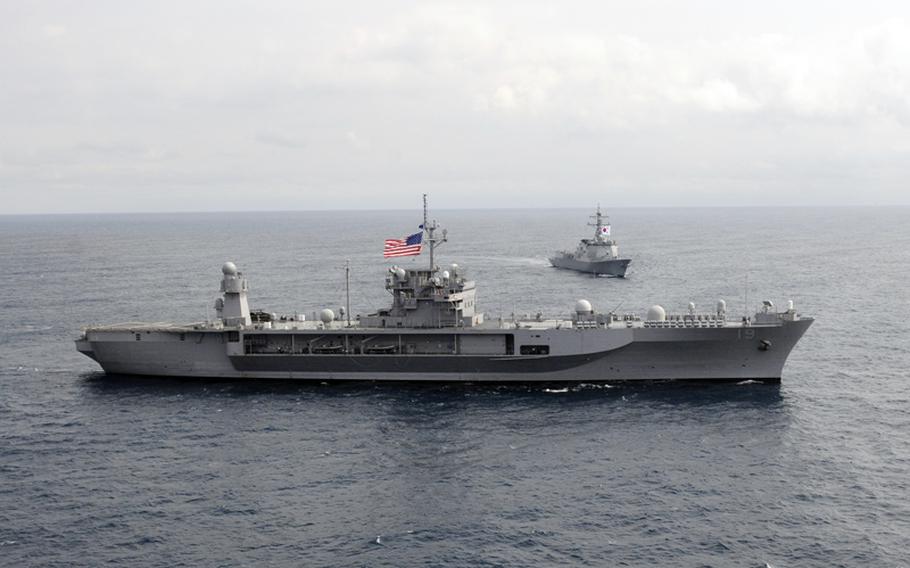 In this file photo, the USS Blue Ridge, front, and Republic of Korea guided-missile destroyer ROKS Sejnog the Great patrol the Sea of Japan. In April 2012, the international organization in charge of naming water bodies, rejected a request by South Korea to rename -- or at least  consider an alternative name for -- the Sea of Japan. Many South Koreans call the body of water the East Sea.