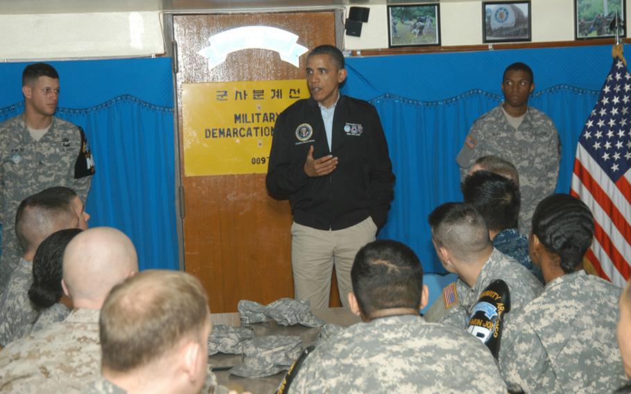 President Barack Obama talks to U.S. and South Korean troops stationed at the Joint Security Area of Korea's Demilitarized Zone on March 25, 2012. Obama thanked the servicemembers for their service and told them they were carrying on a proud legacy.       