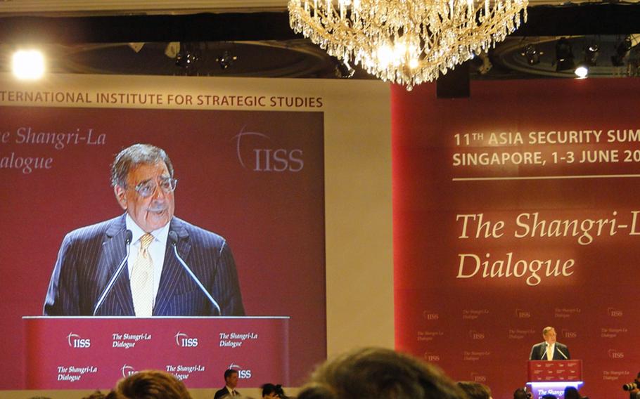 Defense Secretary Leon Panetta addresses Asian leaders at a plenary session of the Shangri-La Dialogue, 11th Asia Security Summit, on June 2, 2012, in Singapore.
