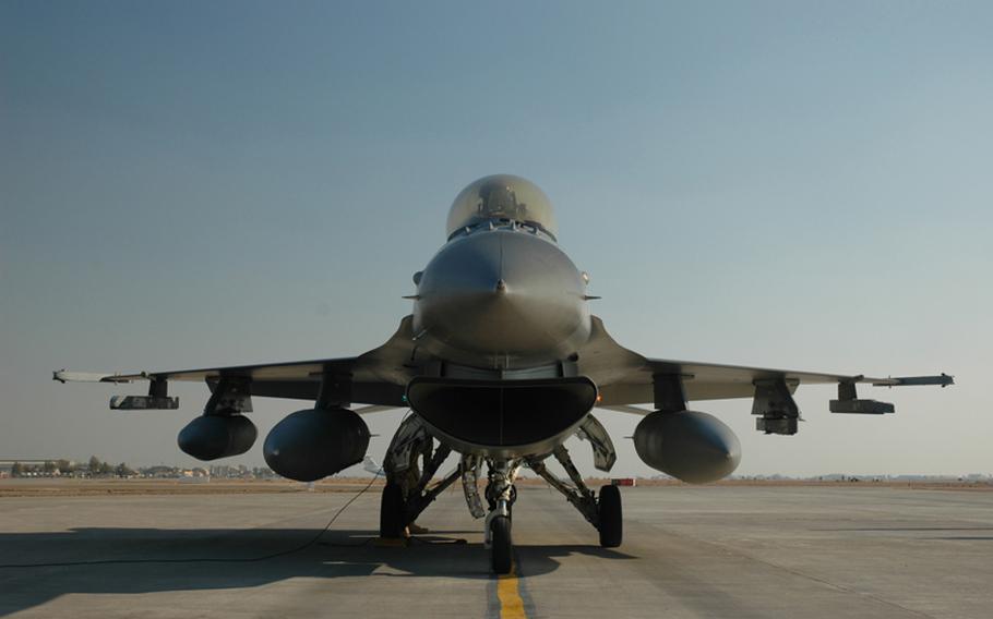 An Air Force F-16 Fighting Falcon waits for its next mission at Balad Air Base, Iraq, in 2007. The Iraqi military has used the F-16 fighter jet in combat operations for the first time, more than a year after Iraqi officials began pressing Washington to deliver them.