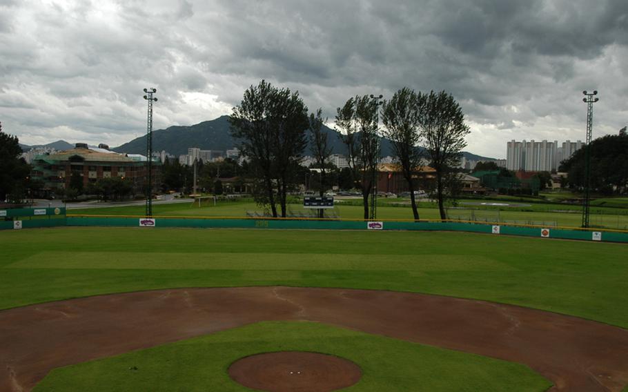 Storm clouds hover over Camp Red Cloud in Uijeongbu, South Korea, on Aug. 28, 2012, as Typhoon Bolaven churned up the west coast of the Korean peninsula. U.S. military installations appeared to escape without much significant damage from the storm, that caused some deaths, power outages and flooding across the country.
