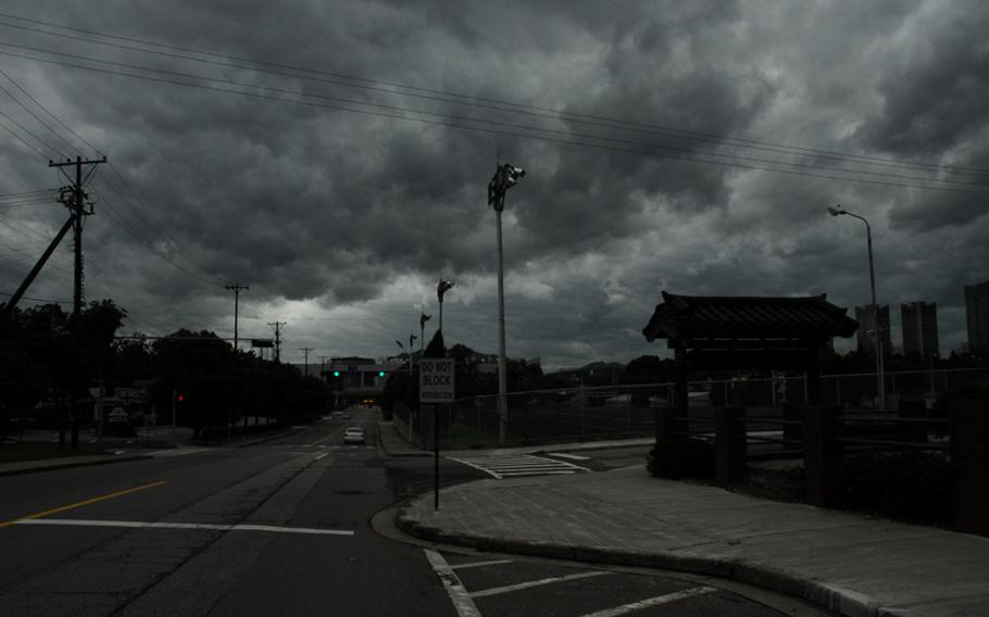 The streets of U.S. Army Garrison Yongsan were virtually deserted the afternoon of Aug. 28, 2012, and many businesses on base remained closed because of Typhoon Bolaven, expected to reach Seoul later in the day. DODDS schools were closed on what would have been the second day of school, and the Ulchi Freedom Guardian exercise was suspended because of the storm. 