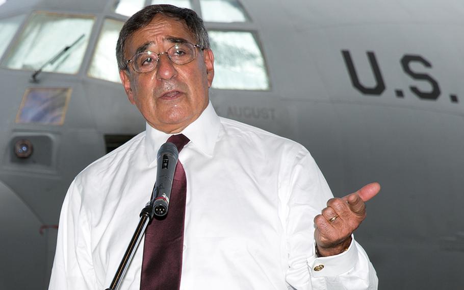 Secretary of Defense Leon E. Panetta addresses U.S. servicemembers at Yokota Air Base, Japan, on Monday Sept. 17, 2012. His trip to Asia included stops in China and New Zealand.