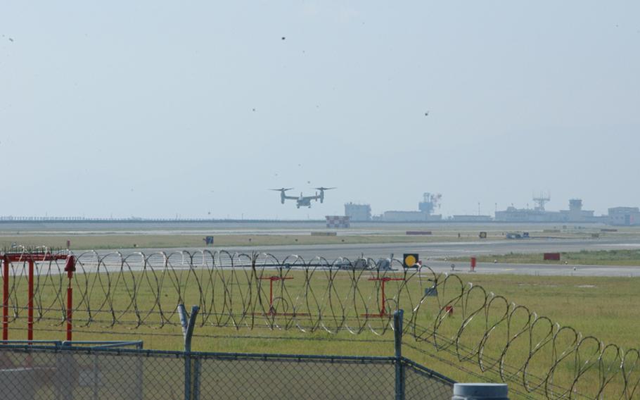 The first MV-22 Osprey to leave the ground in Japan takes off from the flight line at Marine Corps Air Station Iwakuni on Sept. 21, 2012.