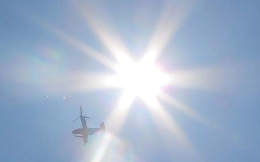 Despite ongoing protests, the MV-22 Osprey cut through the skies of Japan for the first time Friday morning at Marine Corps Air Station Iwakuni, two days after the government of Japan certified the aircraft as safe and gave the U.S. government the green light to begin test flights ahead of an impending deployment to Okinawa and Marine Corps Air Station Futenma.
