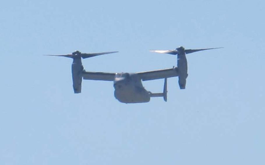 Despite ongoing protests, the MV-22 Osprey cut through the skies of Japan for the first time Friday morning at Marine Corps Air Station Iwakuni, two days after the government of Japan certified the aircraft as safe and gave the U.S. government the green light to begin test flights ahead of an impending deployment to Okinawa and Marine Corps Air Station Futenma.