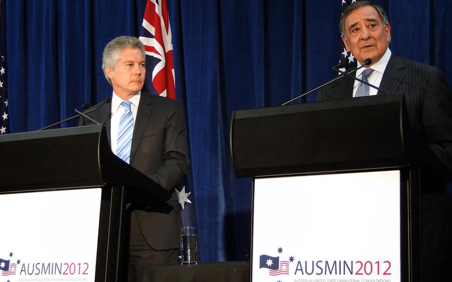Australian Defense Minister Stephen Smith and U.S. Secretary of Defense Leon Panetta at a joint news conference in Perth, Australia. Secretary of State Hillary Clinton and Panetta were in Australia to discuss the Australia-U.S. relationship.
