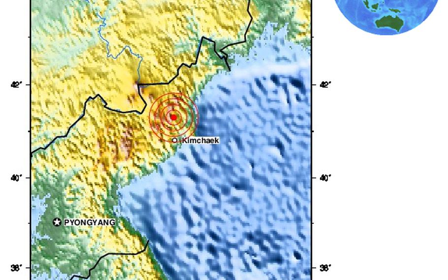 A map from the U.S. Geological Survey shows the location of the shaking from a magnitude 4.9 earthquake in North Korea on Feb. 12, 2013. 