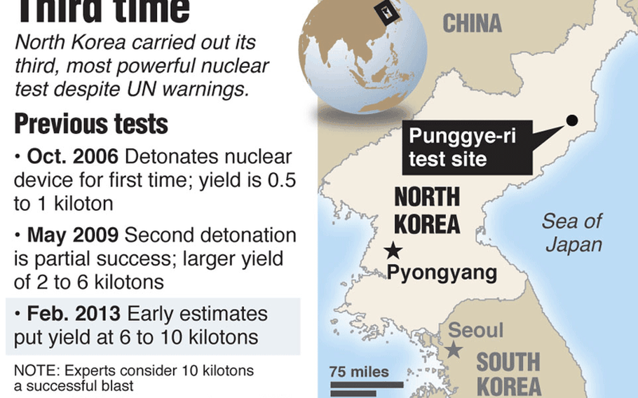 Map of North Korea locating Punggye-ri, site of the country's most powerful nuclear test to date; includes timeline of North Korea nuclear tests. MCT 2013