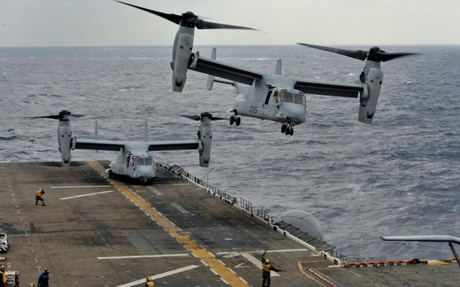 An MV-22 Osprey aircraft takes off from the USS Bonhomme Richard, an amphibious assault ship deployed in the East China Sea March 14, 2013. 