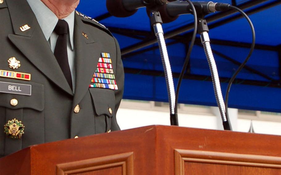 Gen. B.B. Bell delivers a speech as commander of Combined Forces Command at Yongsan Garrison, South Korea, on Nov. 14, 2007. Bell, now retired, says South Korea isn't prepared to lead militarily in case war breaks out on the Korean Peninsula.
