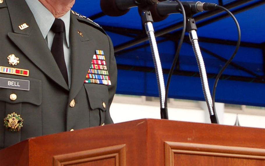 Gen. B.B. Bell delivers a speech as commander of Combined Forces Command at Yongsan Garrison, South Korea, on Nov. 14, 2007. Bell, now retired, says South Korea isn't prepared to lead militarily in case war breaks out on the Korean Peninsula.
