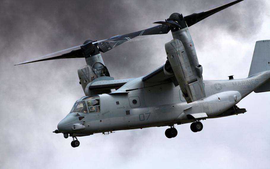 A Marine Corps MV22 Osprey comes in for a landing during the Marine Corps Air Station Cherry Point's Air Show on May 6, 2012.