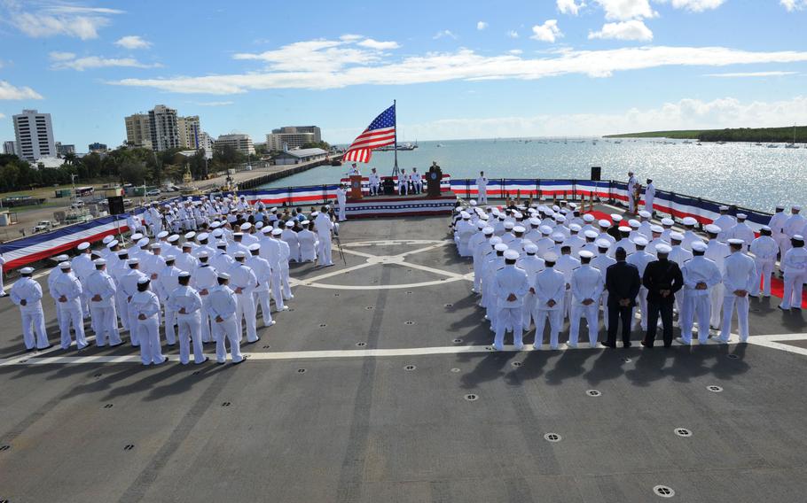 Sailors stand at attention as U.S. Ambassador to Australia Jeffrey Bleich speaks July 31, 2013, during the U.S. 7th Fleet change of command ceremony aboard USS Blue Ridge in Cairns, Australia. Vice Adm. Robert Thomas Jr. relieved Vice Adm. Scott Swift  of command of the U.S. 7th Fleet.

