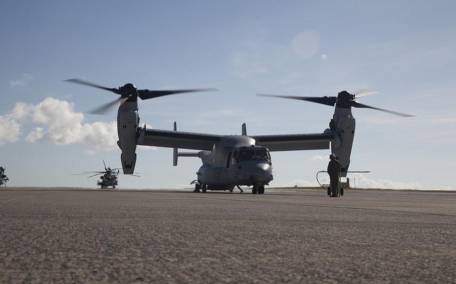 Two Osprey arrive at Marine Corps Air Station Futenma in Okinawa, Aug. 3, 2013. The two MV-22B hybrid aircraft represent the initial deployment of the second squadron to arrive in Japan. Full deployment was initially delayed after an Aug. 5 helicopter crash that killed one airman in Okinawa.