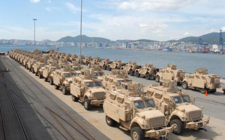 Mine Resistant Ambushed Protected (MRAP) military vehicles are delivered to Busan, South Korea, Sept. 26, 2012, after use in Iraq.