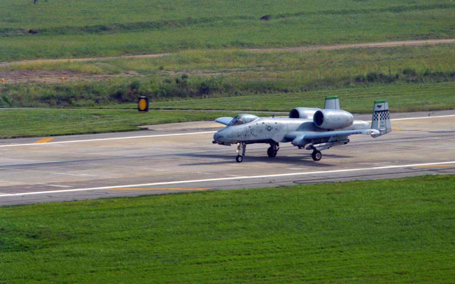 An A-10 Thunderbolt II begins take-off at Osan Air Base, South Korea, Aug. 30, 2013.