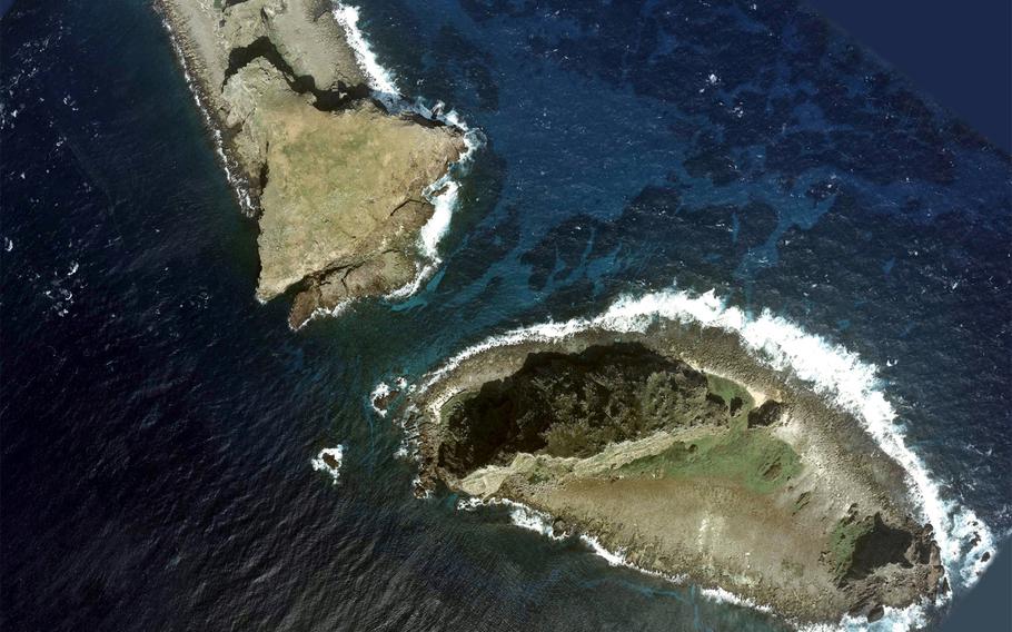 Aerial Photo of two of the Senkaku Islands, Kitakojima, left, and Minamikojima. 
