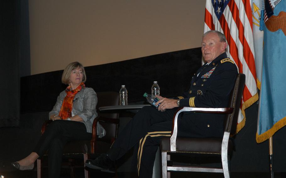 Gen. Martin Dempsey, chairman of the Joint Chiefs of Staff, and his wife, Deanie, spoke at a town hall-style meeting with about 300 servicemembers and their spouses at Yongsan Garrison in South Korea on Tuesday, Oct. 1, 2013. Dempsey answered a wide array of questions during the hour-long meeting.


