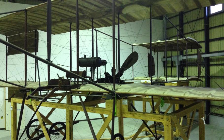 The Henry Farman biplane is Japan’s Wright Flyer, the first plane to fly above the country. It is housed in a hangar behind Shubudai Memorial Hall on Iruma Air Base, Japan, Oct. 10, 2013.