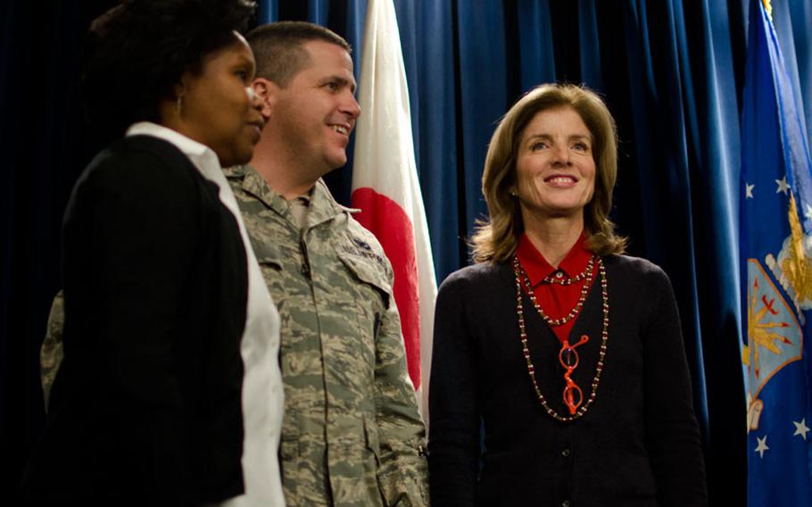 YOKOTA AIR BASE, Japan -- US Ambassador to Japan Caroline Kennedy meets with Yokota Air Base personnel during a visit to the base Nov. 21, 2013. Kennedy met with service members and their families while in Yokota.   