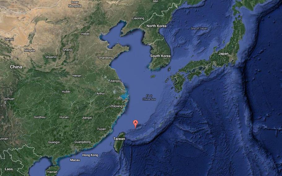 A red point on a Google map shows where the disputed islands are in reference to China, Japan, Taiwan and other regional elements.