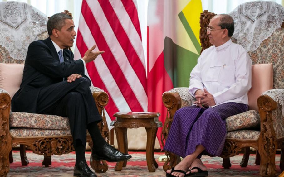 President Barack Obama meets with President Thein Sein of Myanmar at the Myanmar Parliament Building in Yangon, Nov. 19, 2012. 
