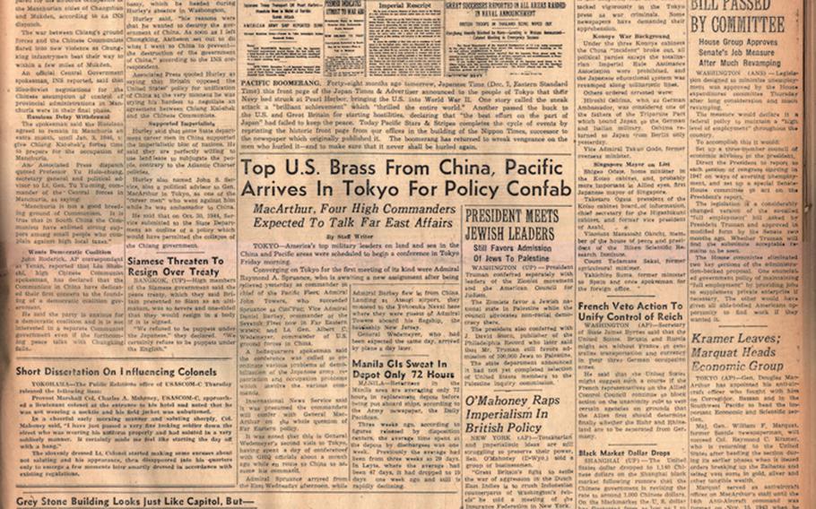 Pacific Stars and Stripes first published in Tokyo on Oct. 3, 1945, 4 years after the Japanese attack on Pearl Harbor. This front page from Dec. 7, 1945, was the first anniversary of the event to appear in the paper. [<a href="http://stripes.com/polopoly_fs/1.255936.1386216842!/menu/standard/file/12-07-1945.pdf">Click for enlarged PDF image</a>]