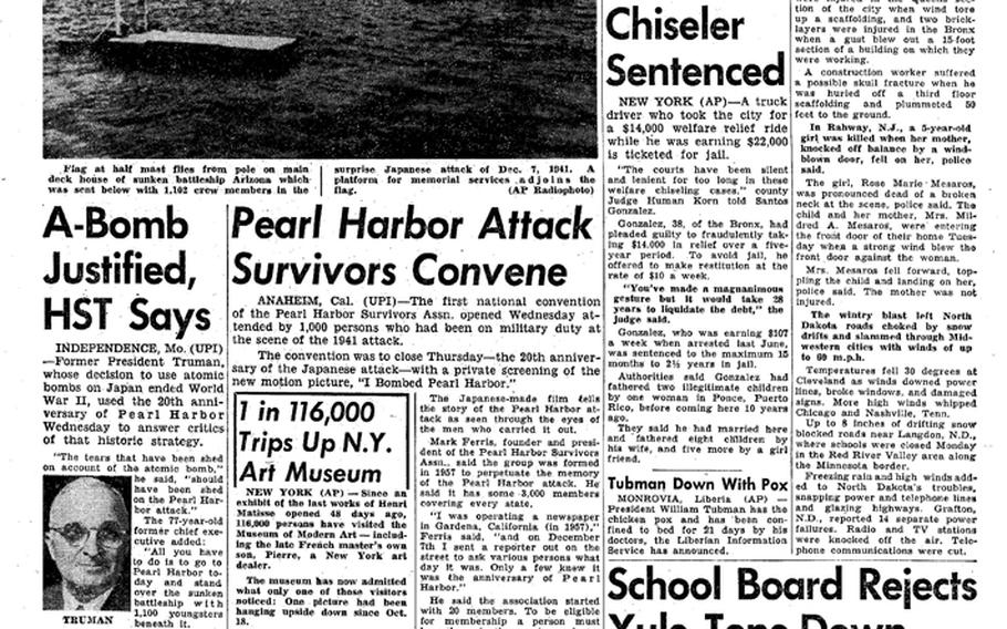 Coverage of the attack on Pearl Harbor in a Pacific Stars and Stripes from Dec. 7, 1961, the 20th anniversary of the event. [<a href="http://stripes.com/polopoly_fs/1.255951.1386217743!/menu/standard/file/stars_and_stripes_12-07-1961-P5.pdf">Click for larger version (PDF)</a>]