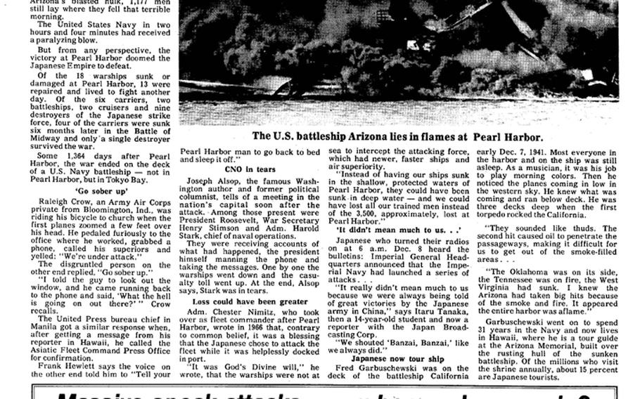 Pacific Stars and Stripes commemorated the 40th anniversary of the Japanese attack on Pearl Harbor on this page from Dec. 7, 1981. [<a href="http://stripes.com/polopoly_fs/1.255956.1386217875!/menu/standard/file/stars_and_stripes_12-07-1981-P7.pdf">Click for larger image (PDF)</a>]