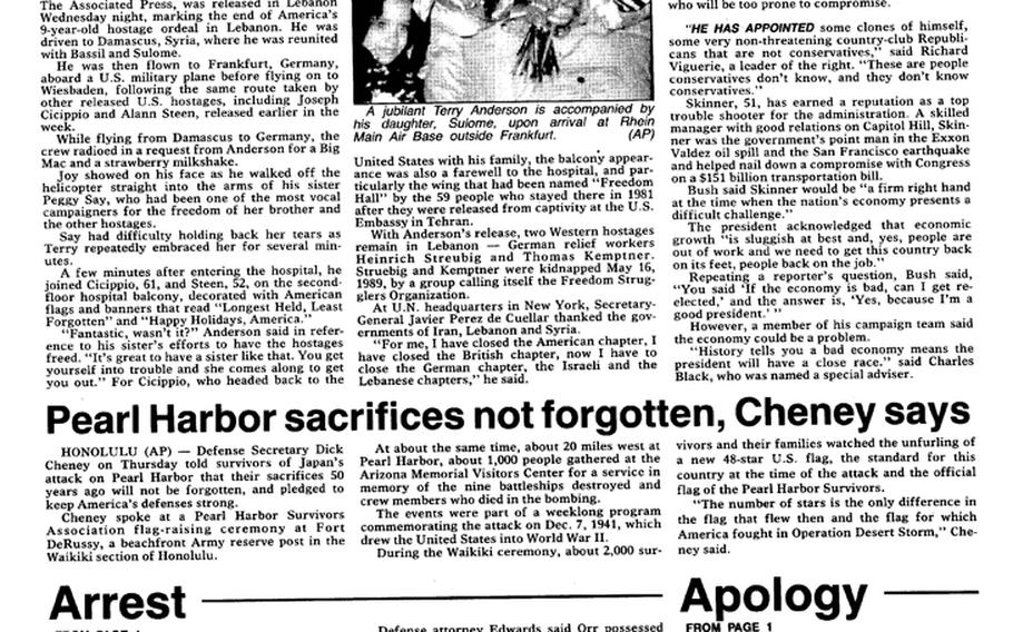 A Pacific Stars and Stripes page from inside the main section of the Dec. 7, 1991, editions features a news story on live coverage. [<a href="http://stripes.com/polopoly_fs/1.255963.1386218042!/menu/standard/file/stars_and_stripes_12-07-1991-P4.pdf">Click for larger version (PDF)</a>] A <a href="http://www.stripes.com/polopoly_fs/1.142305!/menu/standard/file/ph_50th.pdf">separate special section</a> had been published in remembrance of the 50th anniversary of the attack.