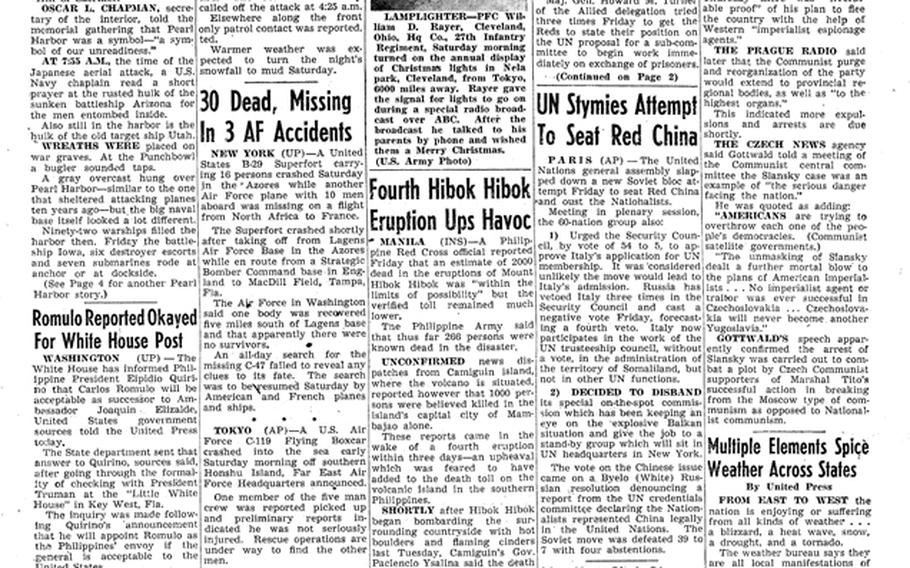 As seen in a Pacific Stars and Stripes from Dec. 8, 1951, Vice President Alben Barkley warned against the 'sinister and brutal' ideology of communism during a ceremony marking the 10th anniversary of the attack on Pearl Harbor. [<a href="http://stripes.com/polopoly_fs/1.255949.1386217607!/menu/standard/file/stars_and_stripes_12-08-1951.pdf">Click for larger version (PDF)</a>]