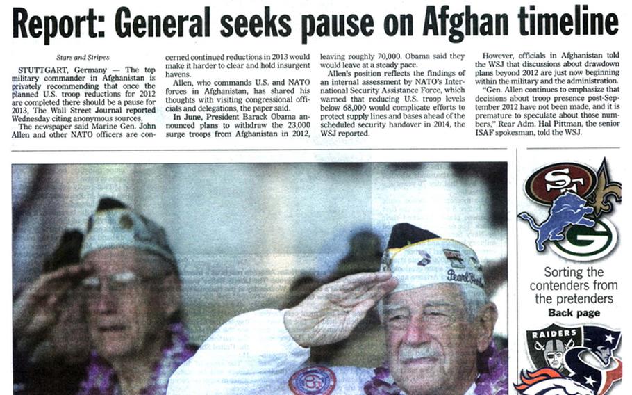 Stars and Stripes front page for Dec. 8, 2001. Pearl Harbor survivors salute during a memorial ceremony in Hawaii marking the 70th anniversary of the attack. [<a href=" http://stripes.com/polopoly_fs/1.255969.1386218367!/menu/standard/file/stars_and_stripes_12-08-2011-P1-art.pdf">Click for larger image (PDF)</a>]