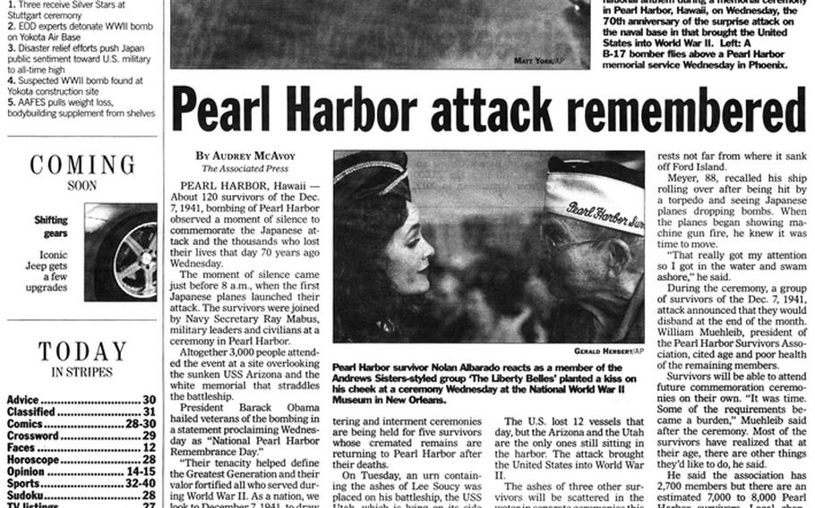 Memorial events for the Pearl Harbor anniversary published in the Stars and Stripes on Dec. 8, 2011. [<a href="http://stripes.com/polopoly_fs/1.255970.1386218510!/menu/standard/file/stars_and_stripes_12-08-2011-P2.pdf">Click for larger version (PDF)</a>]