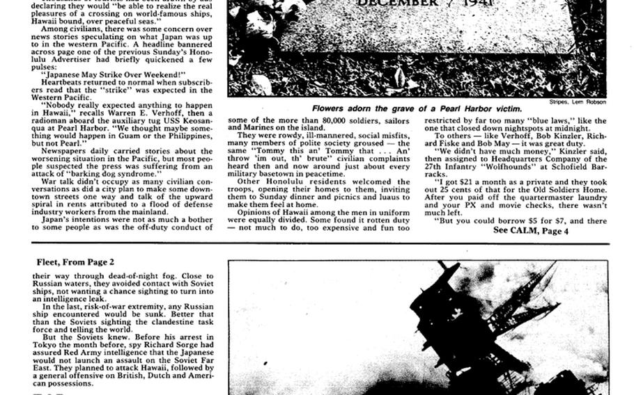 Stars and Stripes' 50th anniversary special section page on the Pearl Harbor attack. [<a href="http://stripes.com/polopoly_fs/1.255975.1386219489!/menu/standard/file/stars_and_stripes_12-01-1991-P3.pdf">Click for larger version (PDF)</a>]