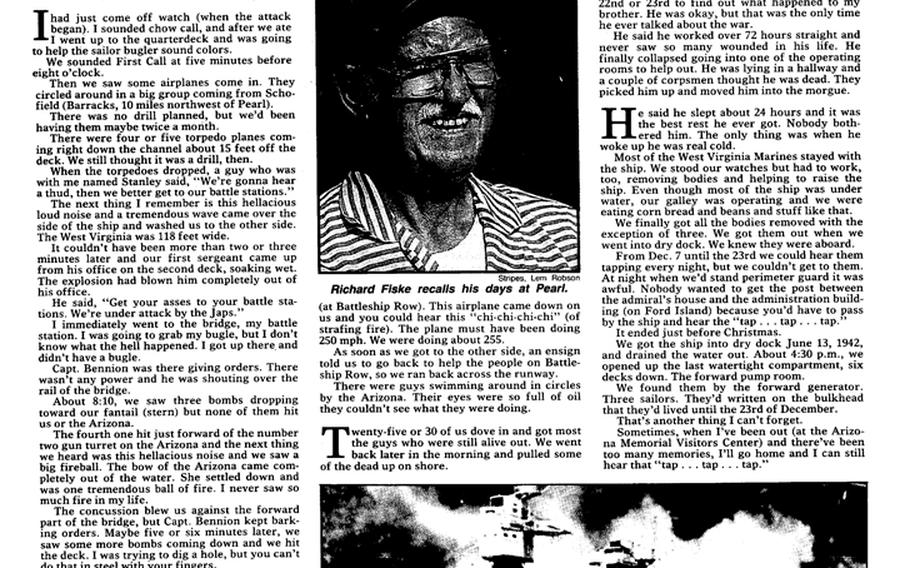 Stars and Stripes' 50th anniversary special section page on the Pearl Harbor attack. [<a href="http://stripes.com/polopoly_fs/1.255977.1386219570!/menu/standard/file/stars_and_stripes_12-01-1991-P5.pdf">Click for larger version (PDF)</a>]