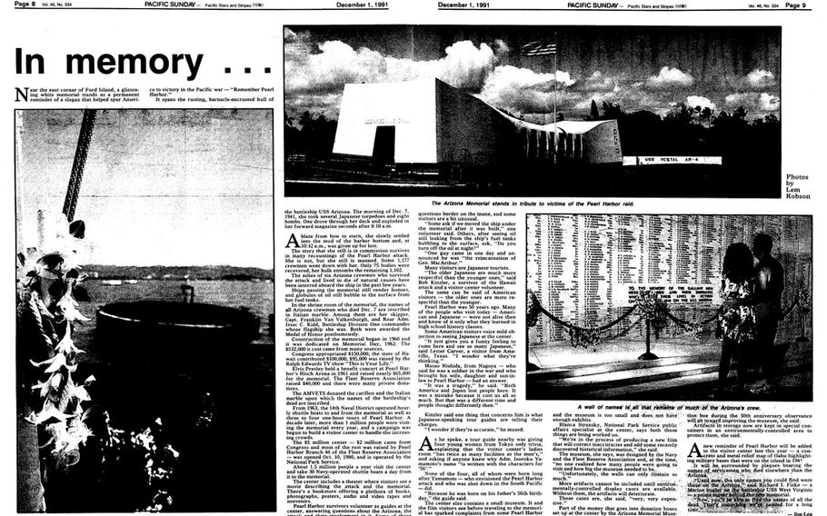 Stars and Stripes' 50th anniversary special section page on the Pearl Harbor attack. [<a href="http://stripes.com/polopoly_fs/1.255980.1386219632!/menu/standard/file/stars_and_stripes_12-01-1991-P8.pdf">Click for larger version (PDF)</a>]