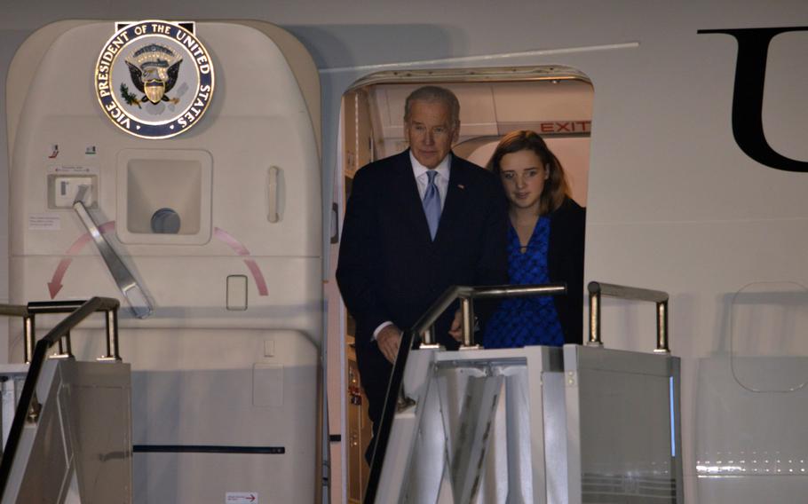 U.S. Vice President Joe Biden leaving Air Force Two at Osan Air Base, South Korea, on Dec. 5, 2013. Biden visited Japan and China earlier in the week as part of a diplomatic tour to East Asia.