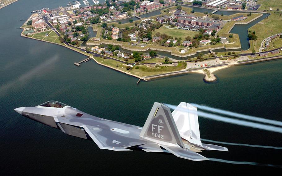 The first operational F-22A Raptor is flown to its permanent home at Langley Air Force Base, Va., on May 12, 2005.